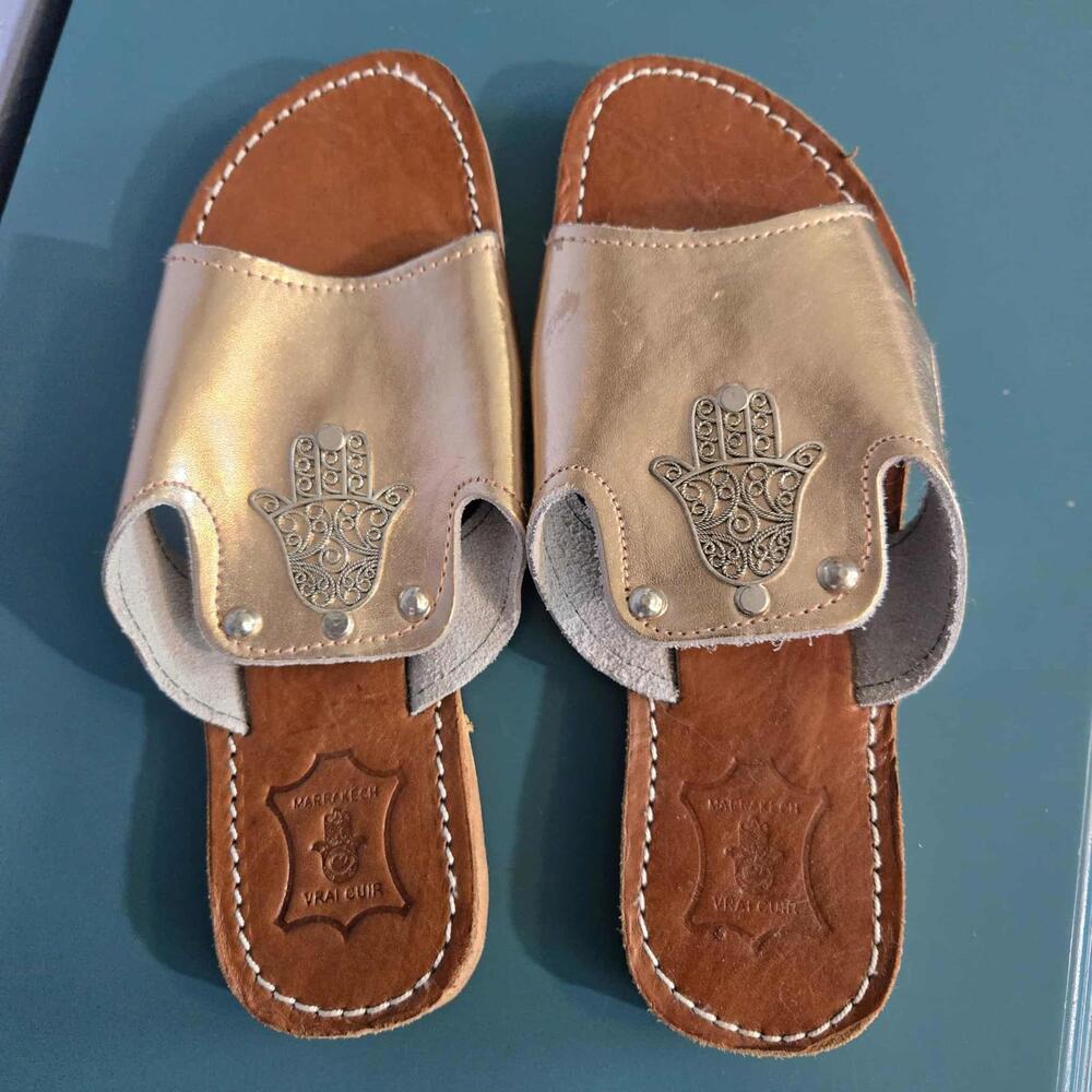 NEW Size 9 Handmade Moroccan Hamza Gold Flat Leather Slide Sandals Travel Vacay